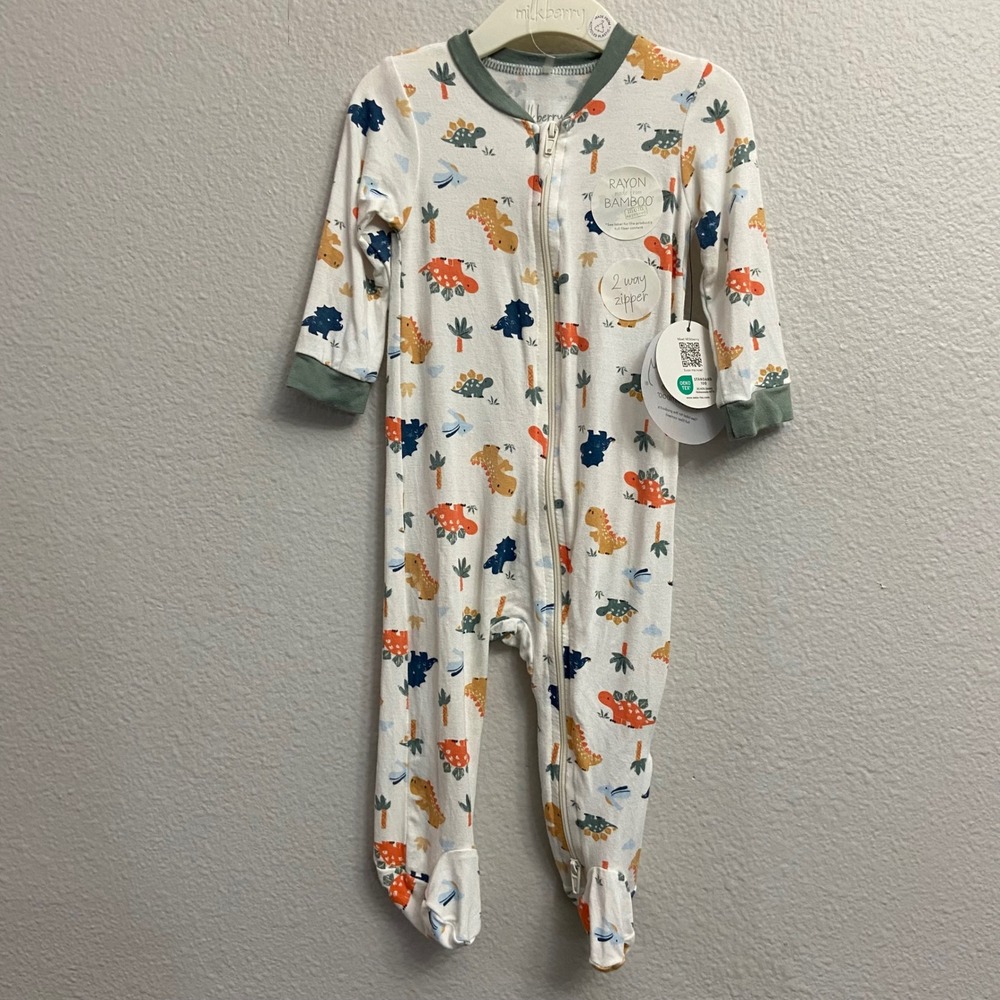 Milkberry Baby 3-6M White Dinosaur Bamboo Footed Sleeper NWT 2-Way Zip Romper